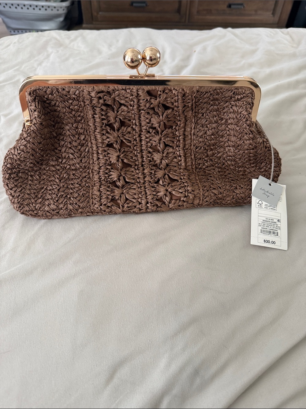 a new day Brown Woven Clutch with Gold Frame